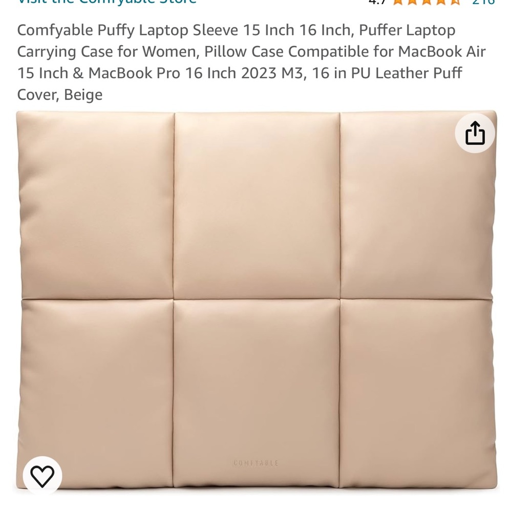 Amazon Puffy Laptop Sleeve for Women in Beige